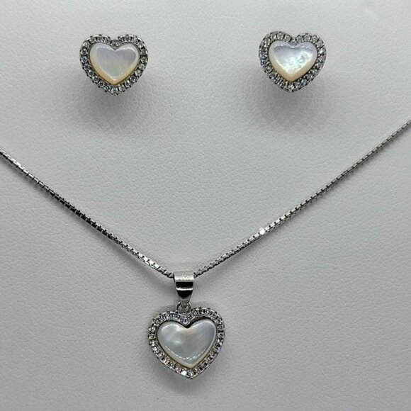 LAST ONE Sterling Silver 925 Heart with white opal w/ cubic zirconia stones SET